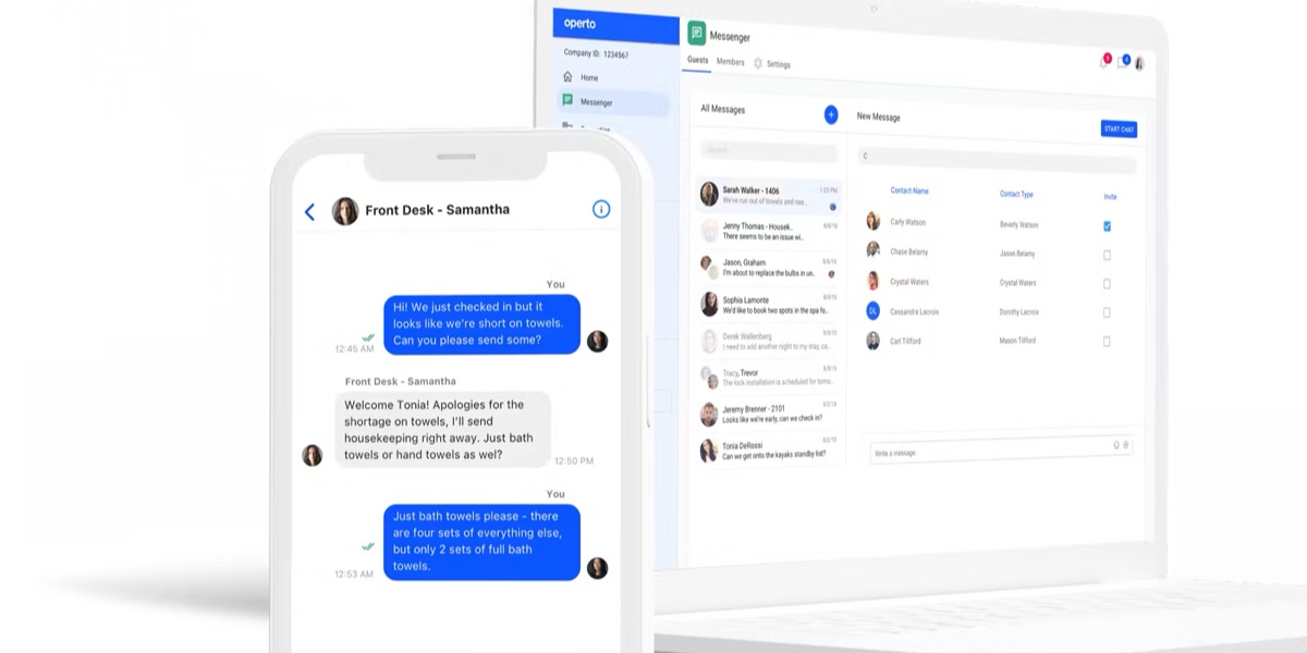 The Operto guest messaging app on a phone next to the staff dashboard on a laptop